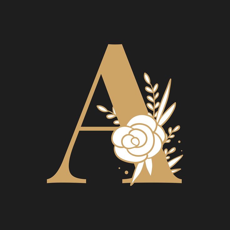 the letter a with a rose and leaves on it is shown in gold, against a black background