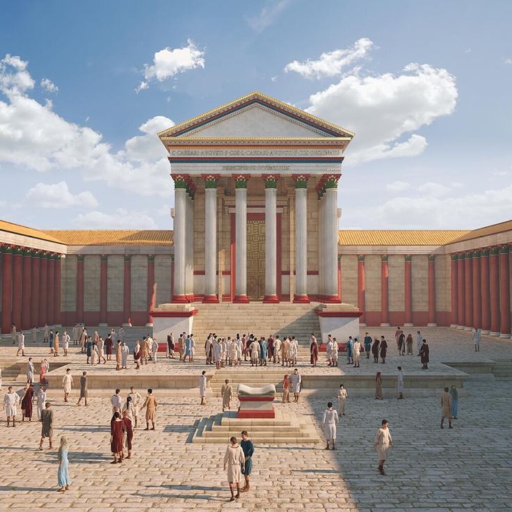 an artist's rendering of a large building with columns and people walking around it