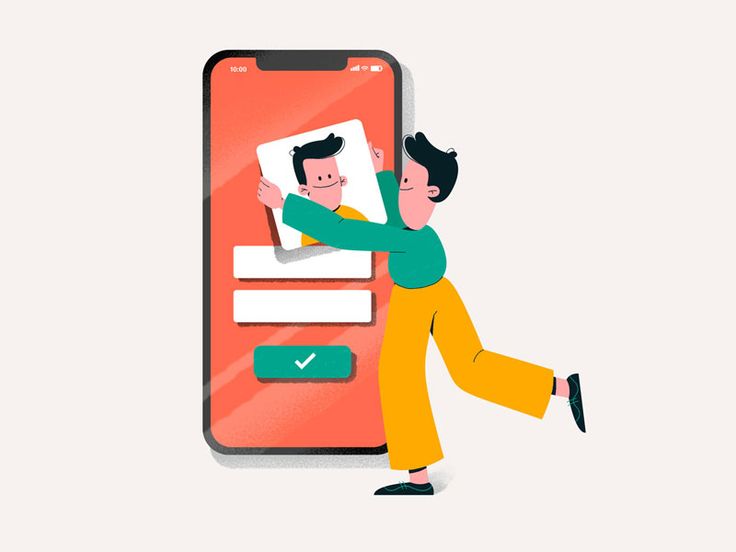 an illustration of two people hugging each other in front of a cell phone with the image of a man and woman on it