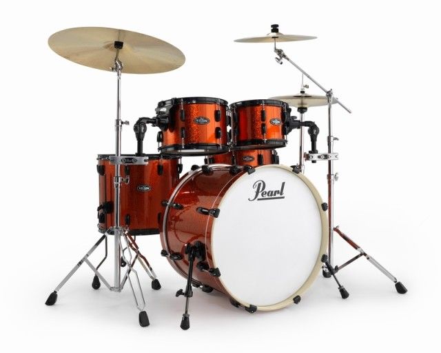 a red drum set with two drums on the front and one on the back, against a white background