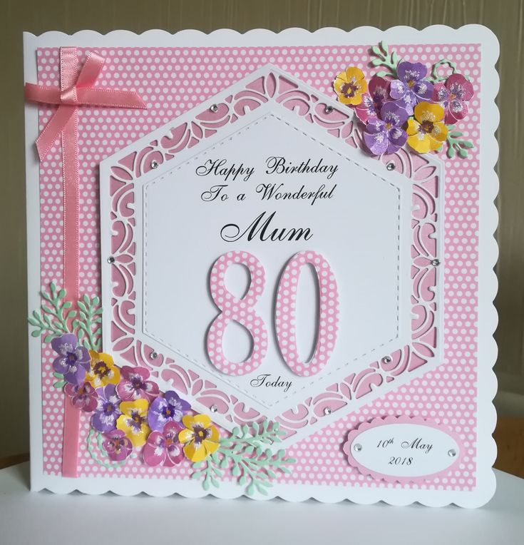 a pink and white birthday card with an 80th birthday message on it, decorated with flowers