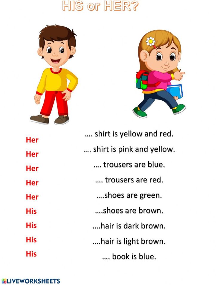 an english worksheet with two children and the words his or her on it