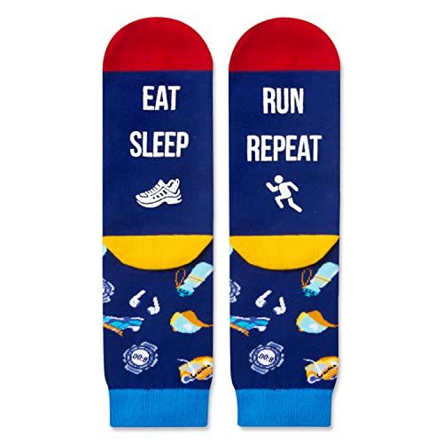 Funny Running SocksThese dark blue running socks feature running shoes, water bottles, watches, and headphones. The soles of the feet feature funny sayings such as "EAT SLEEP RUN REPEAT."Size & PackageOur unisex design fits most men's US size 6-13 feet and most women's US size 7 and up. Each pair of funny socks comes in a plastic zippered bag.Quality MaterialOur novelty socks are made of 80% Cotton, 15% Polyamide, and 5% Elastane to ensure they are soft, comfortable, stretchy, and breathable. Th Radiologist Gifts, Nurse Socks, Dental Assistant Gifts, Socks Gifts, Sports Lover Gifts, Funny Running, Socks Funny, Medical Gifts, Running Gifts