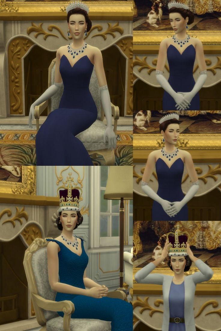 four different images of the same woman in blue dress and tiara sitting on a chair