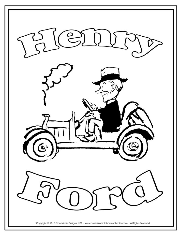 a black and white drawing of a man driving a tractor with the words henry ford on it