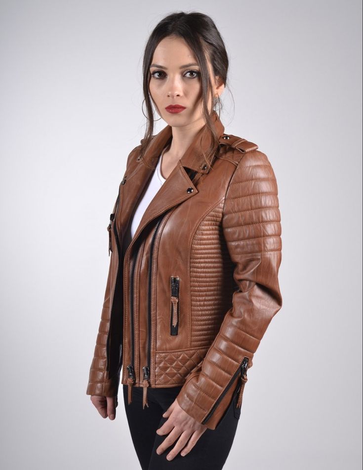 Premium Laderjacke aus Lammleder Brown Leather Biker Jacket, Womens Leather Jacket, Style Leather Jacket, Leather Jacket Girl, Stilettos Heels, Womens Biker Jacket, Leather Trench Coat, Shirt Dress Style, Brown Leather Jacket