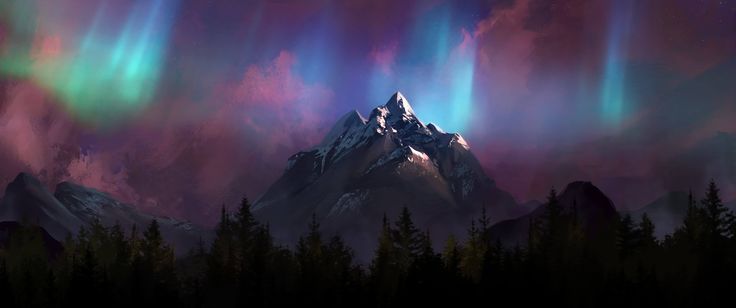 an image of the aurora bore in the night sky with mountains and trees around it