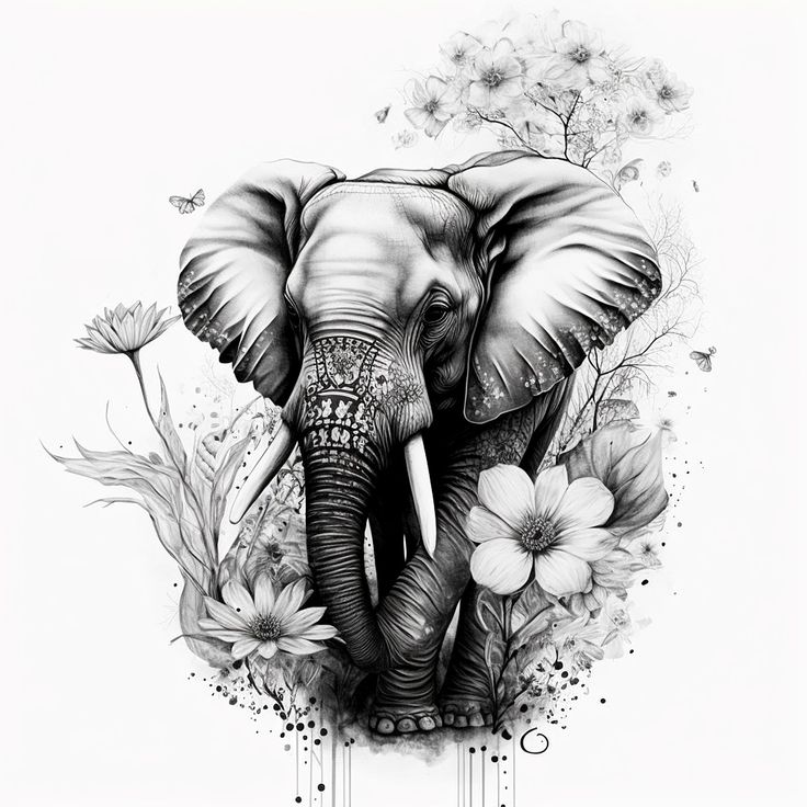 an elephant with flowers and butterflies around it's neck is shown in black and white