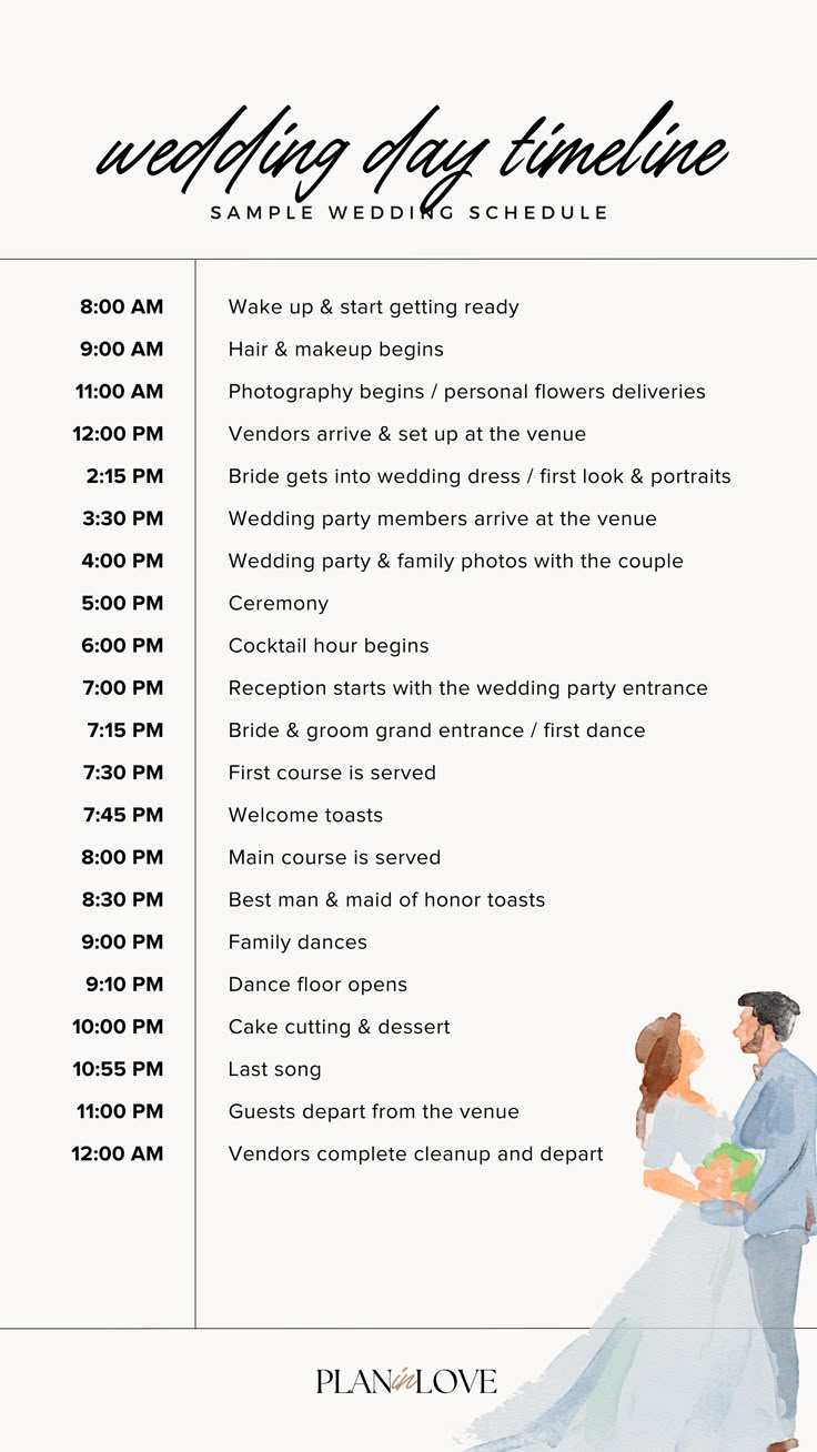 the wedding day schedule is shown in black and white, with an illustration of a bride and groom