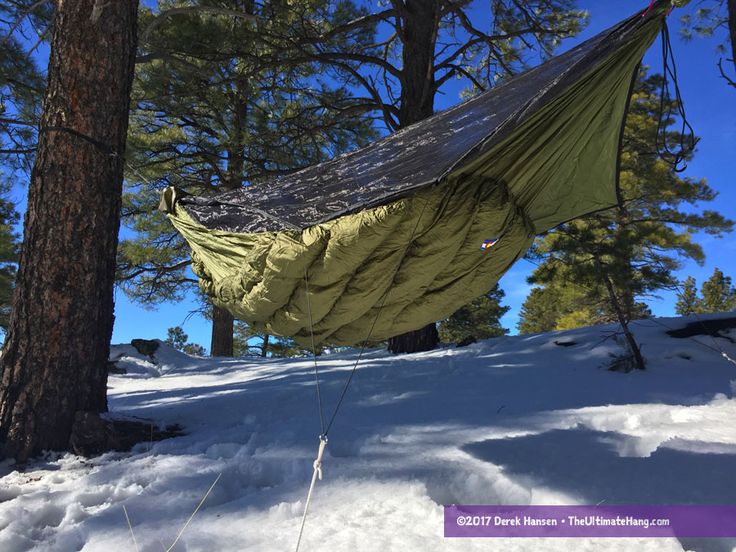 a hammock hanging from a tree in the middle of snow covered ground with trees around it