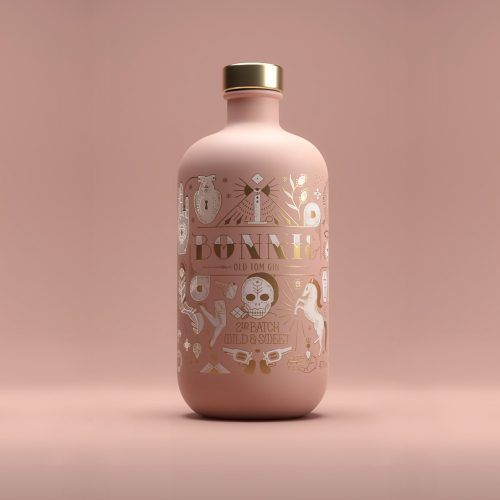 a pink bottle with an illustrated design on it