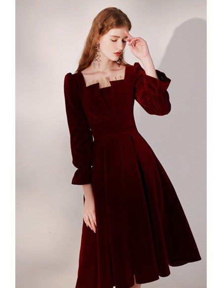 Burgundy Pleated Velvet Retro Party Dress with Long Sleeves HTX96024 - GemGrace.com Formal Velvet Midi Dress For Fall, Velvet Midi Dress For Fall Formal Occasion, Burgundy Formal Dress For Winter, Elegant Velvet Midi Dress For Winter, Burgundy Winter Formal Dress, Winter Formal Burgundy Dress, Elegant Velvet Winter Dress, Elegant Velvet Dress For Fall, Elegant Long Sleeve Velvet Party Dress