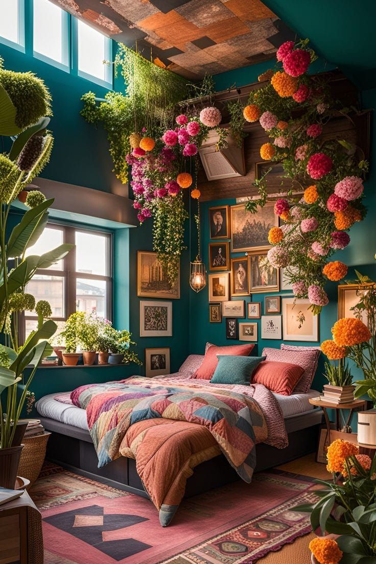 the bedroom is decorated with colorful flowers and hanging plants in pots on the wall above the bed