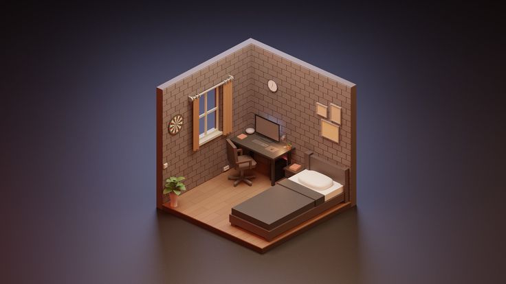 a small room with a bed, desk and chair in the corner is seen from above