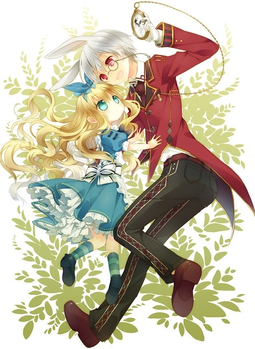 two anime characters, one with long blonde hair and the other wearing blue dress clothes