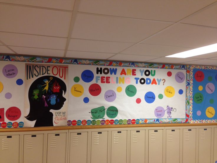 a bulletin board in the middle of a classroom