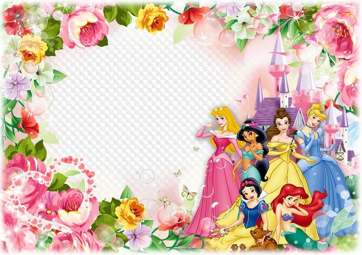 an image of disney princesses with pink flowers and roses around the edges, in front of a white background