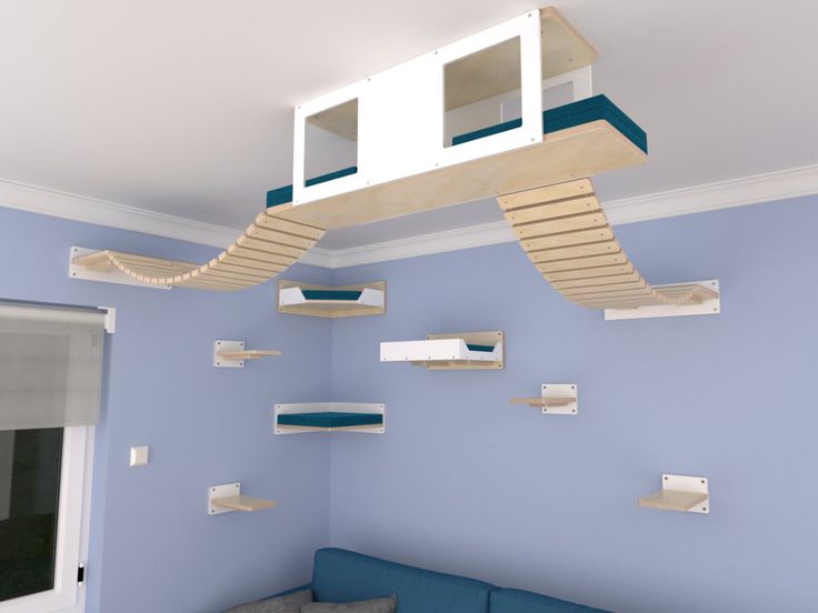 a blue couch sitting under a suspended bed in a room with shelves on the wall