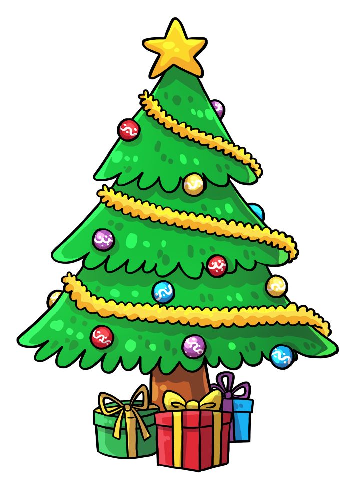 a green christmas tree with presents under it and a star on top, in front of a white background