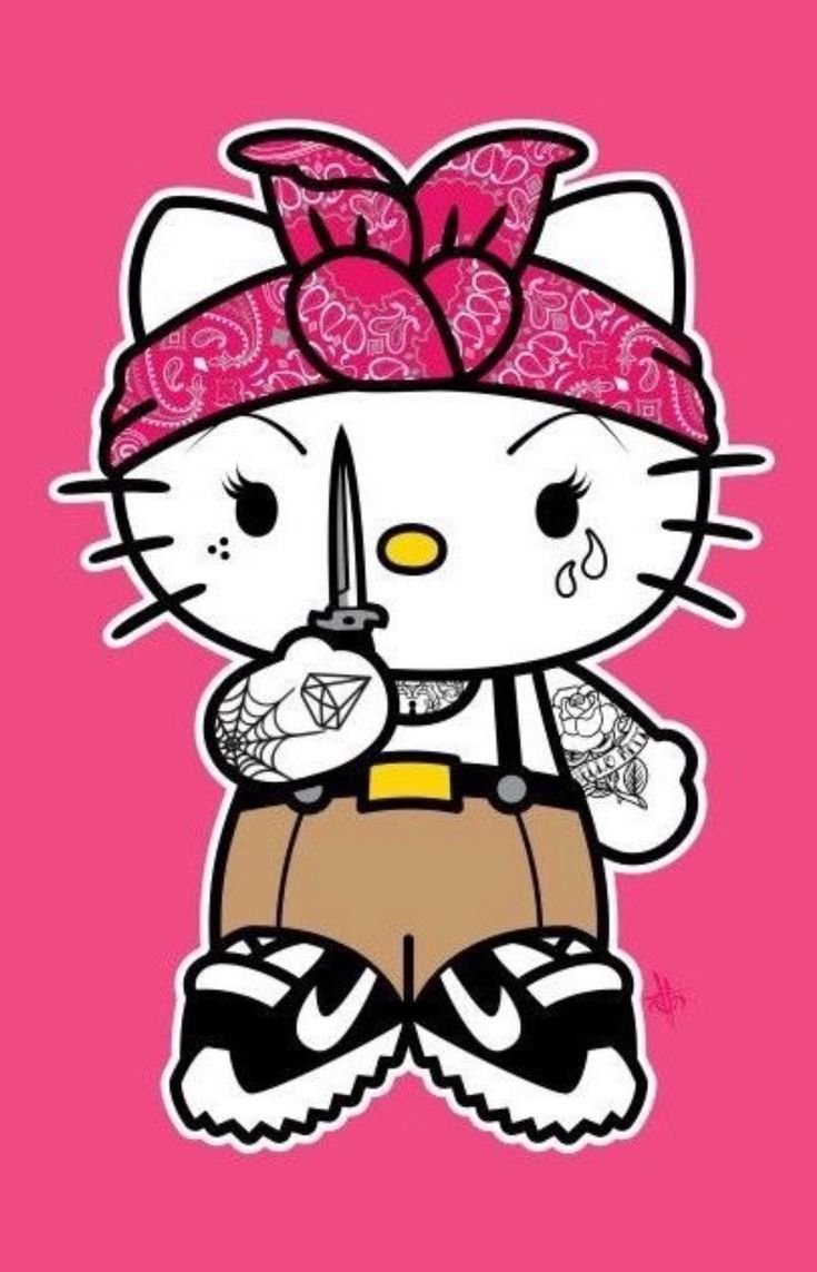 the hello kitty character is holding a pair of scissors in her hand and wearing a pink bandana