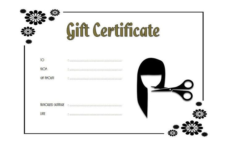 a gift certificate with scissors and flowers on the border, in black and white colors