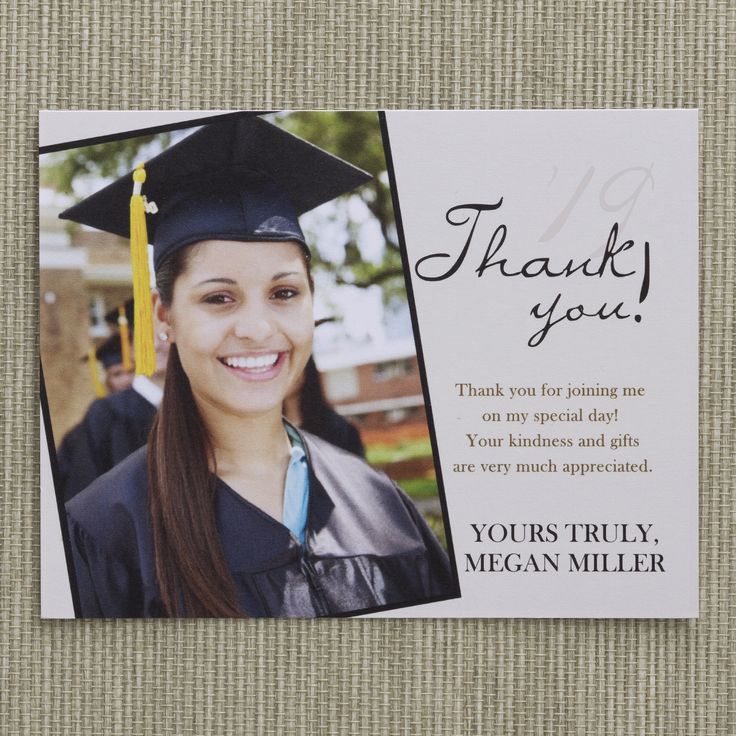 a graduation thank card with a photo of a woman in cap and gown on it