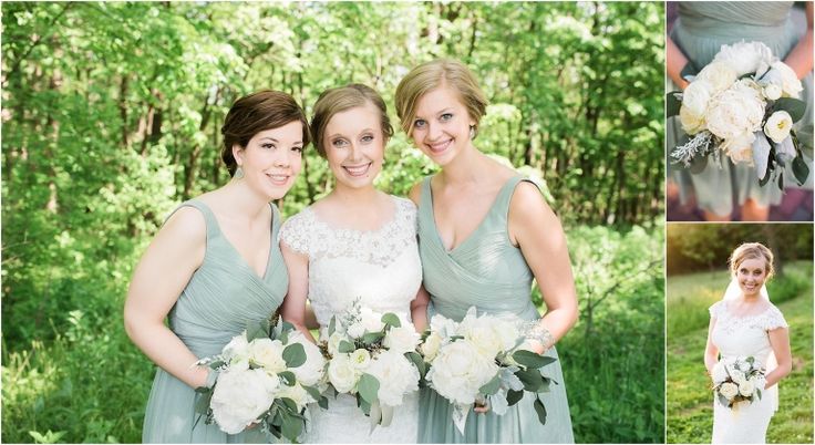 three bridesmaids pose for pictures in their wedding gowns and bouquets at the same time