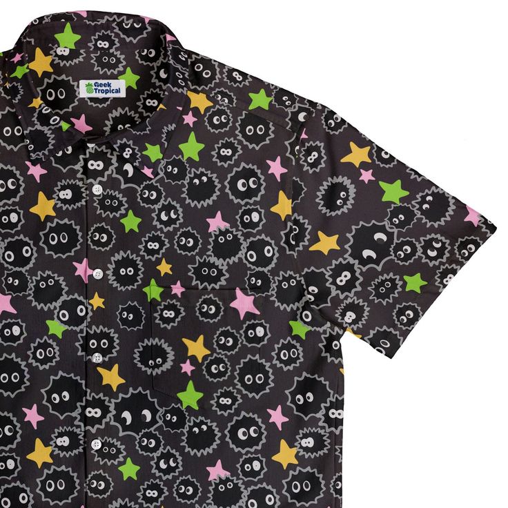 Sootsprites Anime Button Up Shirt Cute Collared Top With Graphic Print, Cosplay Cotton Shirt With Character Print, Cotton Cosplay Shirt With Character Print, Cotton Shirt With Character Print For Cosplay, Multicolor Cartoon Print Cotton Shirt, Playful Black Cotton Shirt, Multicolor Cotton Shirt With Cartoon Print, Cosplay Anime Print Cotton Shirt, Novelty Short Sleeve Shirt With Cartoon Print