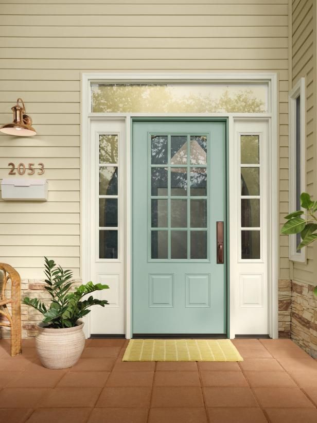 the front door to a house with potted plants