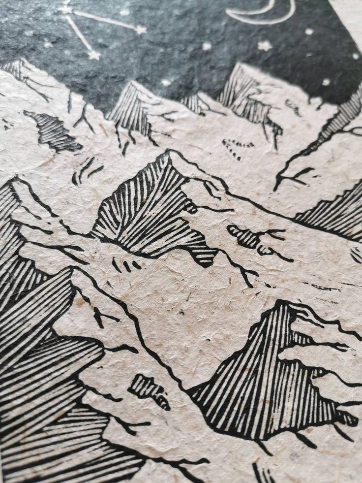 an image of mountains and stars in the sky with ink on paper that says mountain