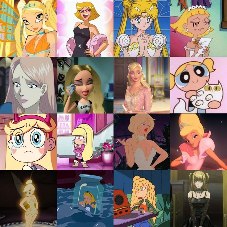 many cartoon characters are shown together in this collage, including one girl with blonde hair and