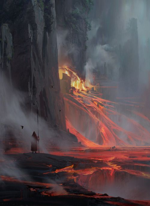 an artist's rendering of lava flowing into the ocean