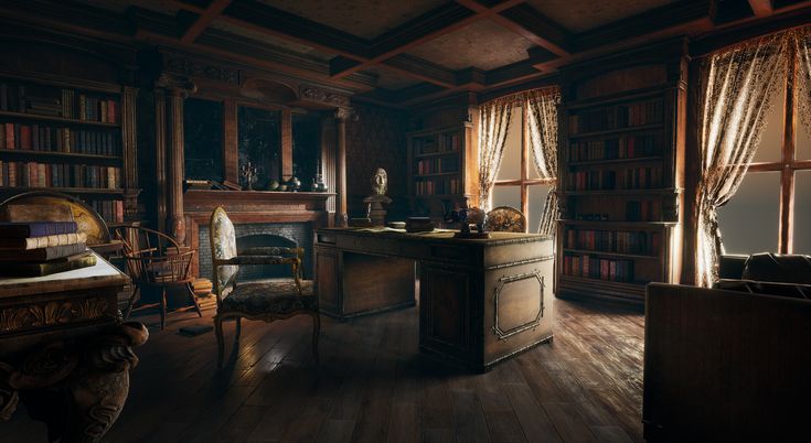 an old fashioned desk and chair in a room with bookshelves full of books