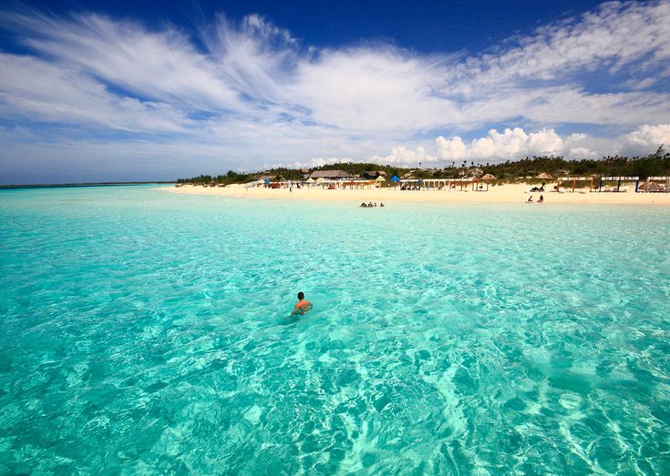 a man swimming in the clear blue water near a sandy beach with houses on it