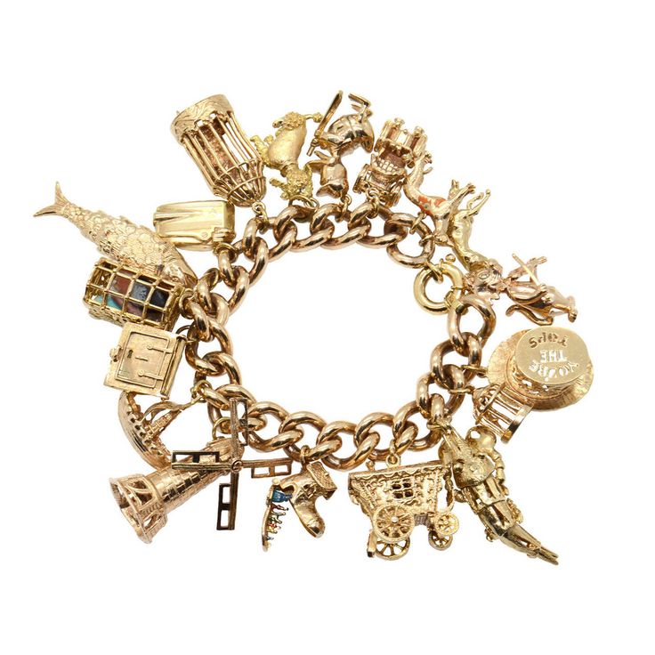 A 1960s Gem Set Gold Charm Bracelet | From a unique collection of vintage charm bracelets at https://www.1stdibs.com/jewelry/bracelets/charm-bracelets/ Antique Charm Bracelet, Dog Charm Bracelet, Bracelet With Charms, Vintage Charm Bracelet, Bracelets Charms, Jewelry Bracelets Gold, Charms Bracelets, Bracelets Gold Diamond, Hobbies And Interests