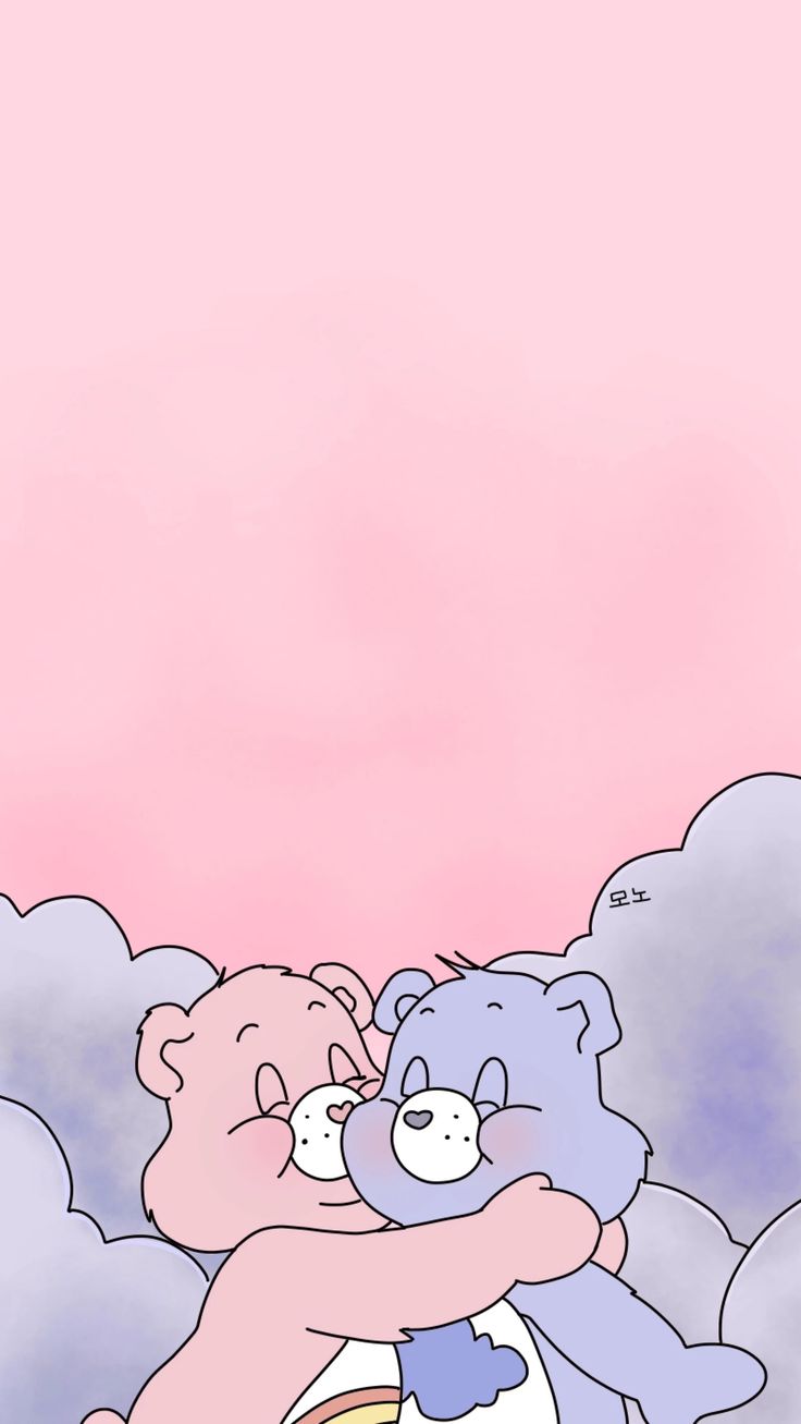 two teddy bears hugging each other in front of a pink and blue sky with clouds