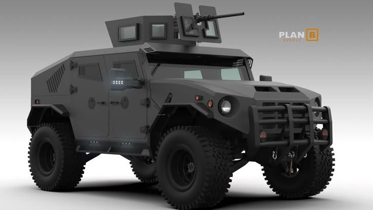 an armored vehicle is shown on a gray background