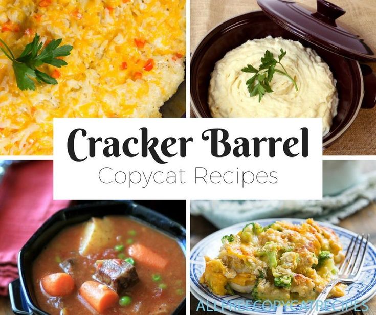 four different images with the words cracker barrel copycat recipes on them and pictures of various dishes