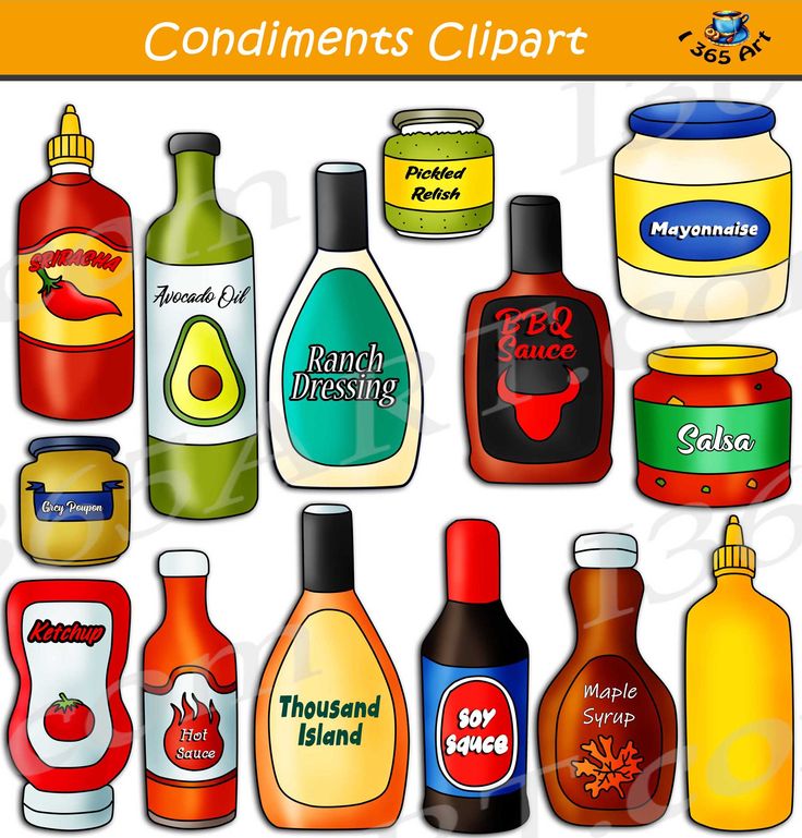 an assortment of condiments clipart on a white background with the words condiments clipart