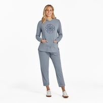 Designed to complement leggings or jeans, this stretchable jersey hoodie is in it for the long run (or walk). 92% USA Grown Cotton / 8% Spandex Crusher-Flex Jersey 7.08 oz. Mid-weight cotton/spandex jersey, garment washed for softness Tunic length with hood, self-fabric cuffs, kangaroo pocket and rounded hi-lo hem Life Is Good® twill patch. Size medium is 27 ½" long in front; 28 ½" long in back Imported | Life is Good Women's Hand Drawn Butterfly Mandala Crusher-FLEX Hoodie Tunic Long Sleeve T-S Hand Drawn Butterfly, Drawn Butterfly, Blue Crew Neck T-shirt For Yoga, Butterfly Mandala, Tunic Hoodie, Positive Lifestyle, Fabric Cuff, Tunic Length, Children In Need