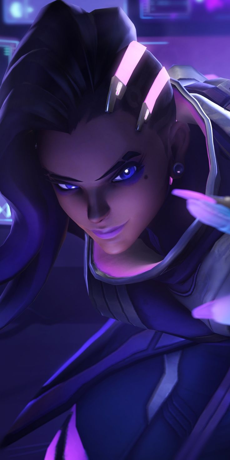 an image of a woman with dark hair and blue eyes in the video game overwatch