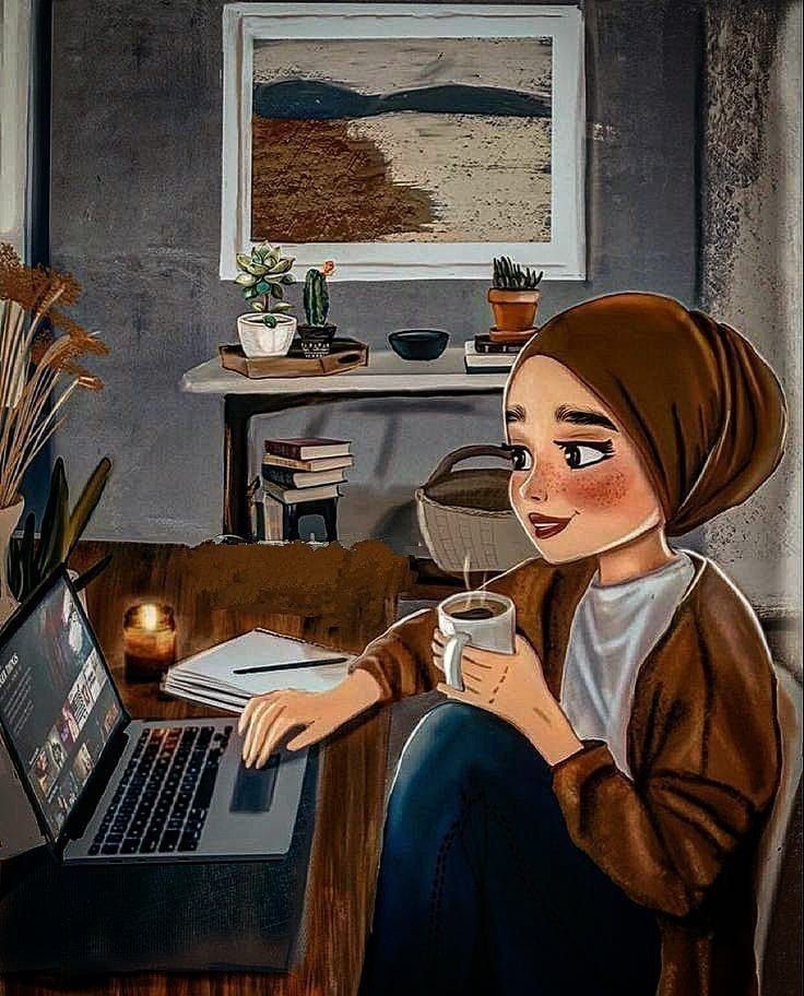 a painting of a woman sitting in front of a laptop computer holding a cup of coffee