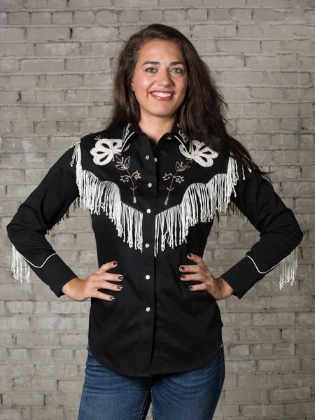 Rockmount Women's Black Fringe Embroidered Western Shirt 1940s Design, Embroidered Western Shirt, Chenille Embroidery, Steve King, Embroidered Denim Shirt, Vintage Fringe, Ranch Wear, Rodeo Outfits, Cowgirl Shirts