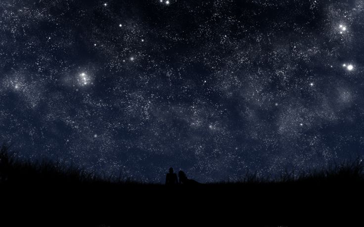 two people are standing under the stars in the night sky with their backs to each other