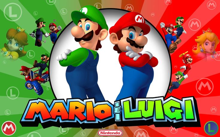 mario and luigi are in front of an image of mario on the nintendo wii game