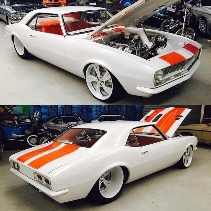 two pictures of an orange and white muscle car