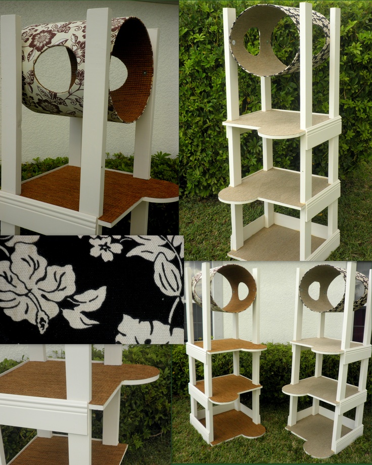 four different views of cat furniture made from wood and painted in white with brown trim