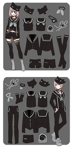 the paper doll is dressed in black and has white trimmings on her clothes