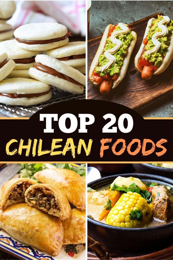 the top 20 chilean foods are shown in this collage, including hotdogs and corn on the cob