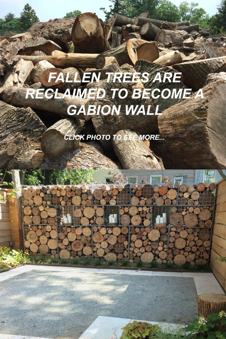 a pile of logs sitting next to a fence with the words fallen trees are reclaimed to become a garden wall